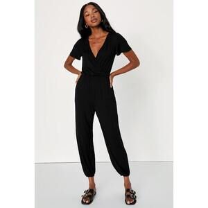 Lulus Coolest Comfort Black Surplice Short Sleeve Jogger Jumpsuit - Size XS